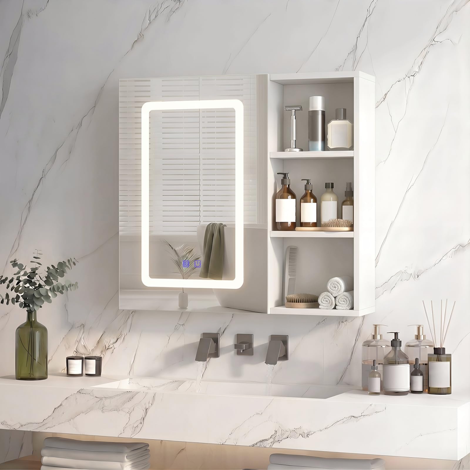 Lustro do przechowywania z jednym drzwiami z diodami LED i schowkiem dziennym, 60,2 x 15,2 x 60,2 cm, szafka łazienkowa z lustrem HD, regulowana temperatura kolorów, ochrona przed mgłą