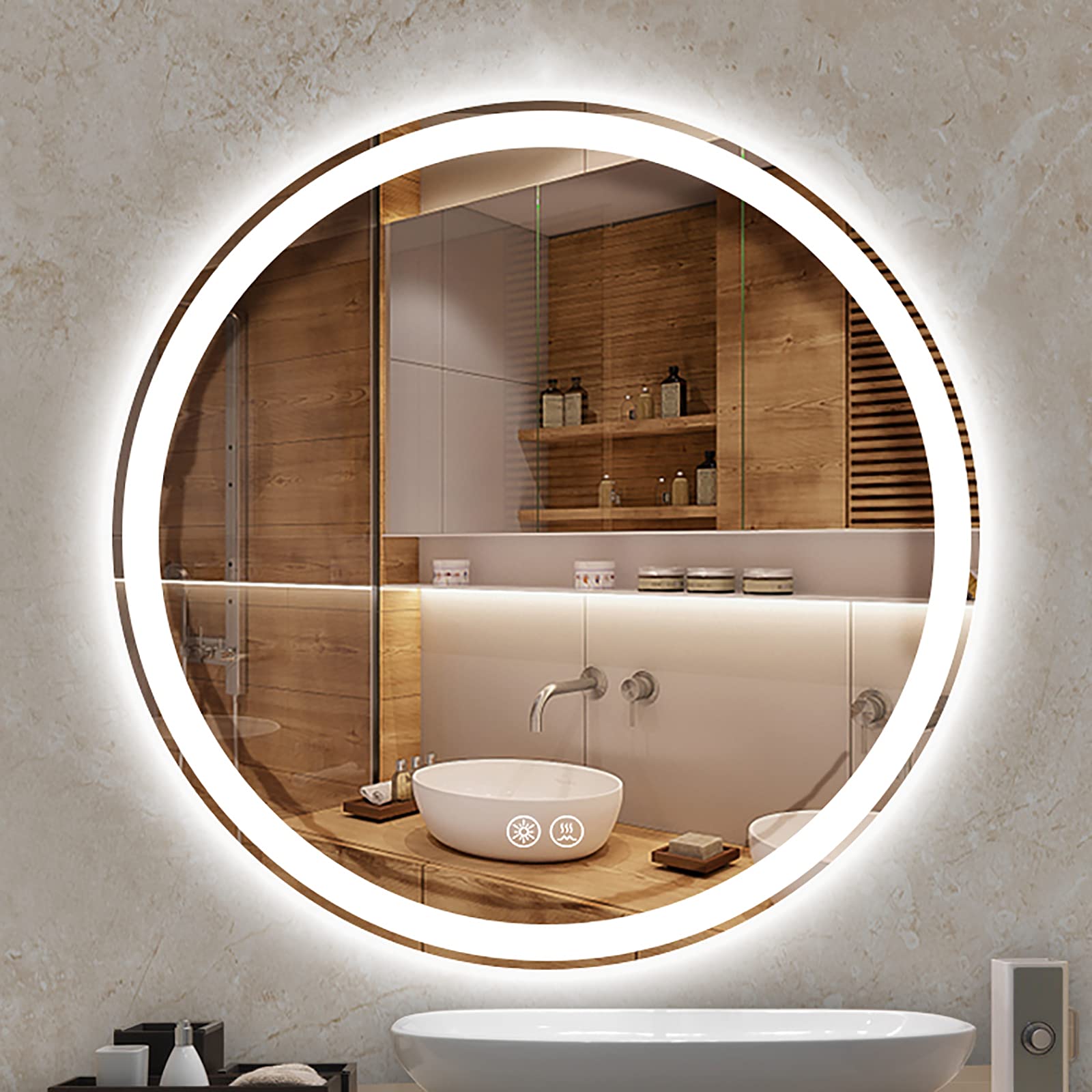 WJFTODAY Smart LED Bathroom Vanity Mirror - Round Anti-Fog Wall Mirror with 3-Color Dimming Lights & High Lumen Brightness for Modern Bathrooms