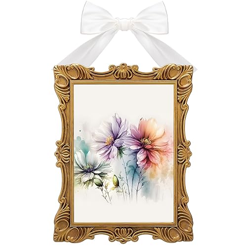 Leinuosen 5 x 7 Inch Vintage Gold Bow Picture Frame Resin Antique Gold Picture Frame Wall Mount Textured Rectangle Photo Holder Decorative Wall Hanging for Valentines Gift Home Office Decor(White)