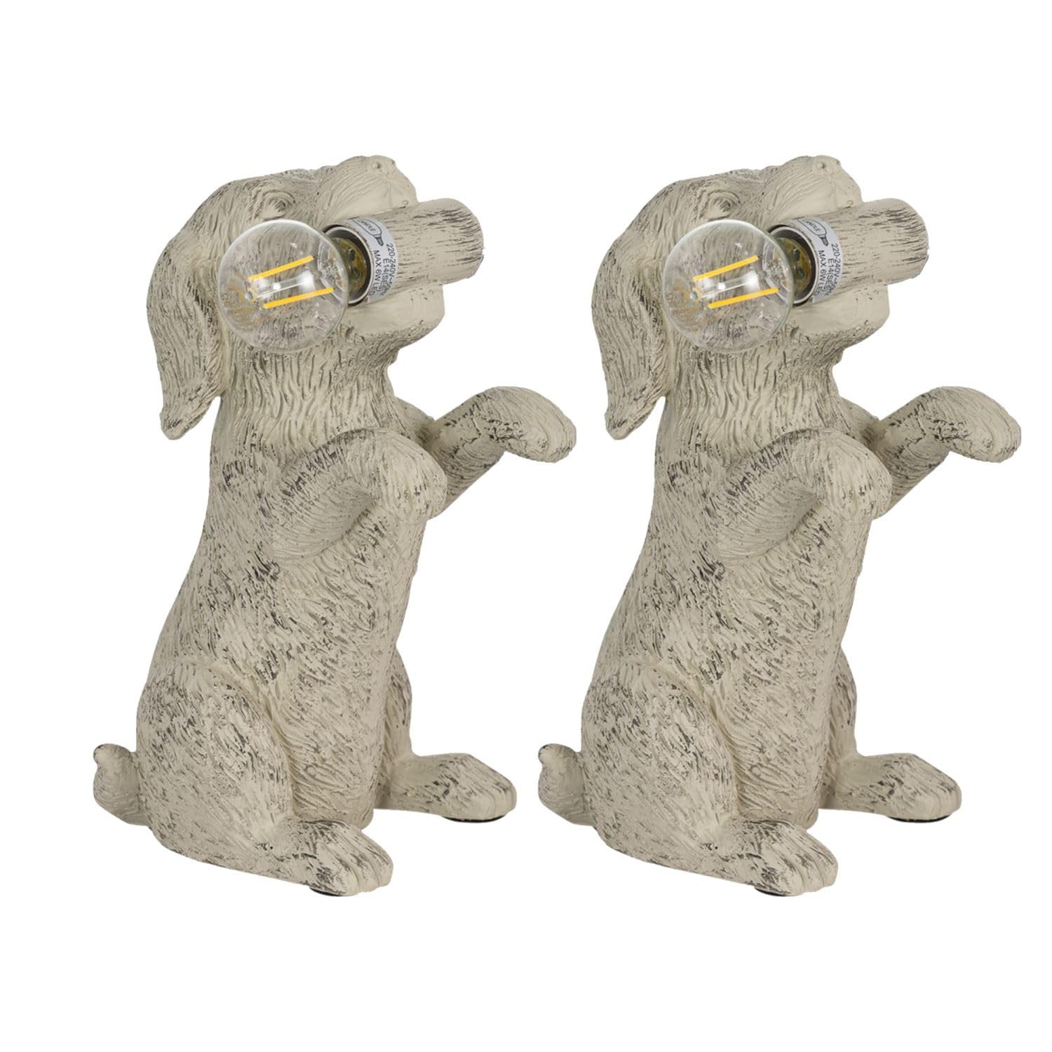 Firstchoicelighting Cream Set Of 2 Puppy Dog Holding Bulb Table Lamp Or Bedside Lights, Natural Resin Animal, Height 25 Cm, Led Compatible