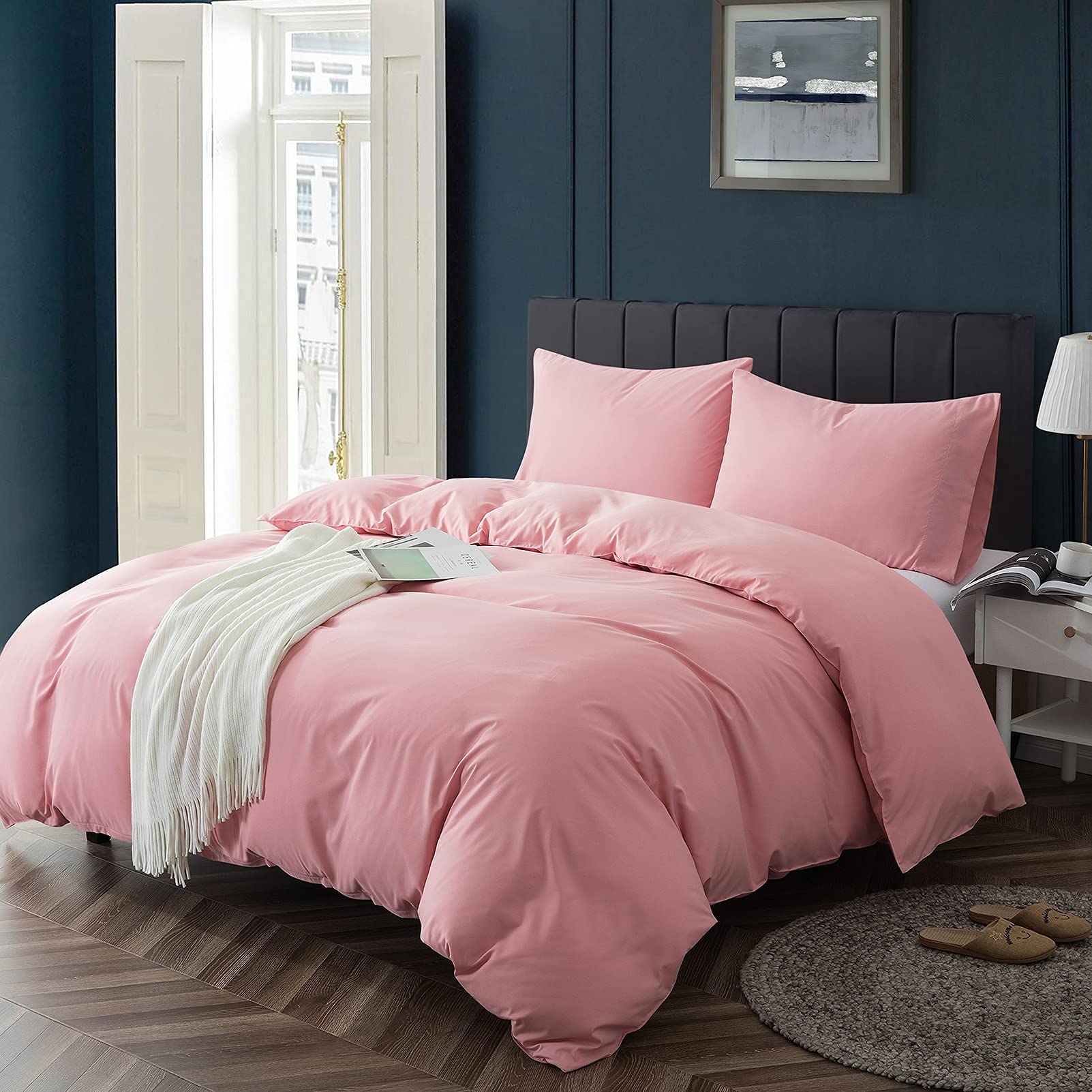 KKJIAF Duvet Cover Set, 1800 Thread Count Microfiber Duvet Cover, 3 Piece Wrinkle Resistant and Breathable Bedding Sheet Set, 1 Duvet Cover, 2 Pillowcases - (King Size), Pink