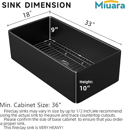 Miniatura 7 de Miuara Fregadero de granja negro de 33 pulgadas, fregadero de cocina de granja de arcilla refractaria empotrada, fregadero grande profundo de un