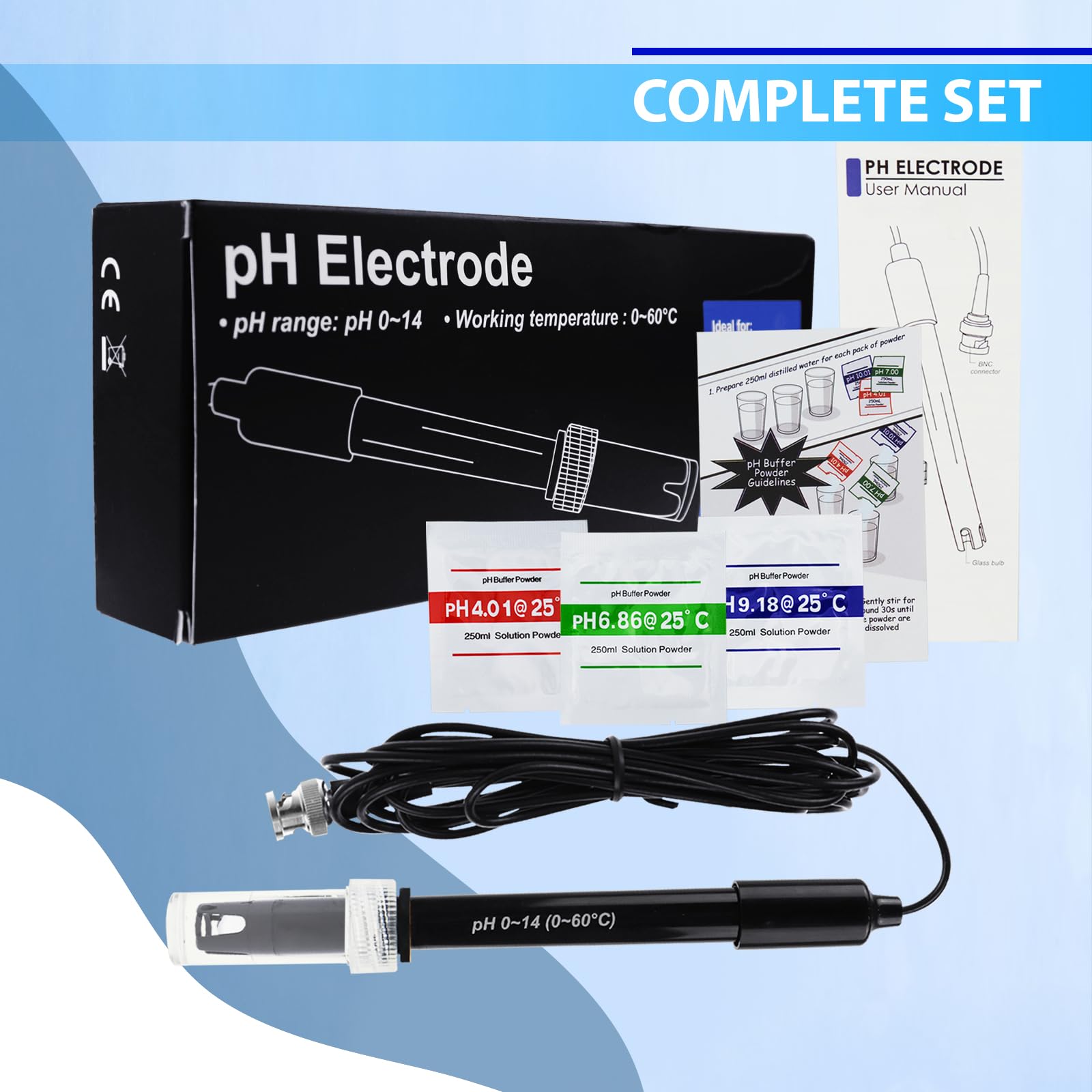 Electrodo de pH con sonda intercambiable, cable 300 cm, rango 0-14 pH, conector BNC, polvo calibración