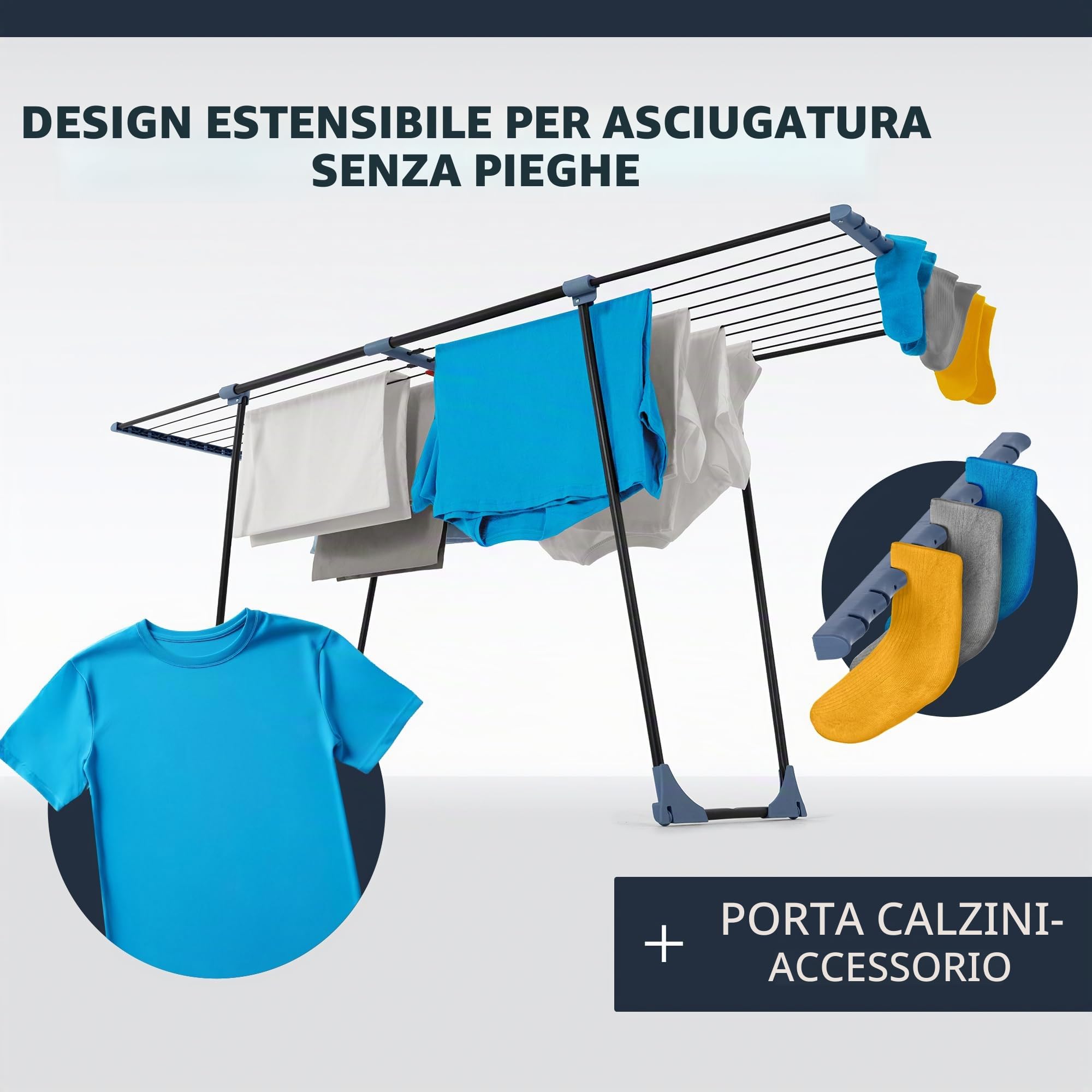 Stendibiancheria estensibile – XXL 20 m² di superficie di asciugatura, asciugatrice salvaspazio [Made in EU], stabile e nero con clip per piccola biancheria