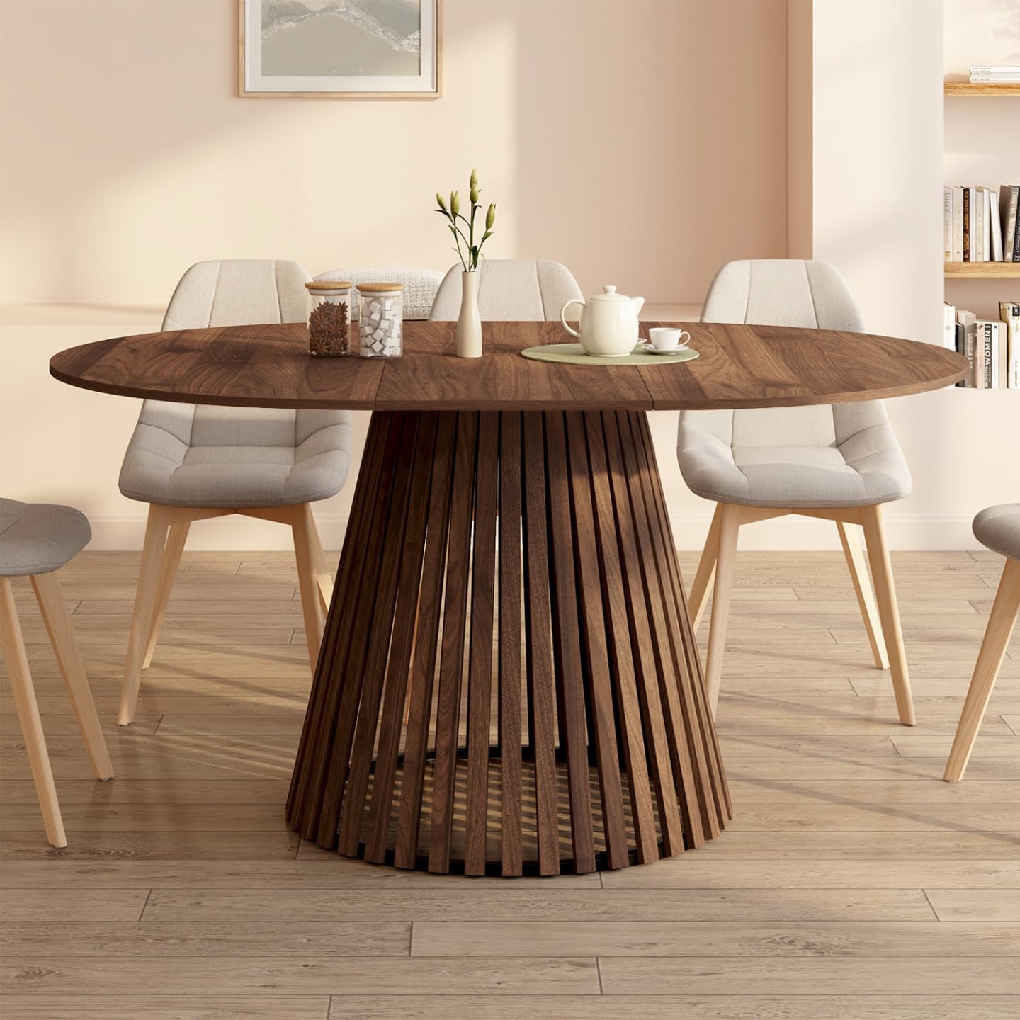 IDMarket - Tavolo da pranzo allungabile rotondo Carmen 4-8 Persone piede Noce in doghe e vassoio Noce 110-150 cm