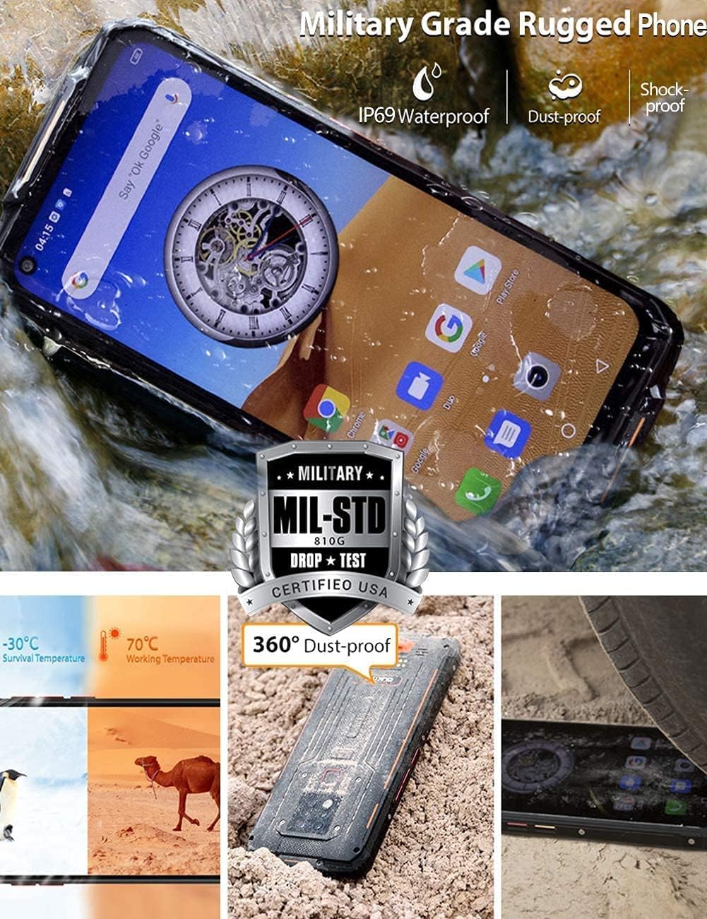 OUKITEL WP7 Unlocked Rugged Smartphone, 2021 Night Vision Camera 6GB + 128GB,Android 10 Cellphone 6.53'' FHD + Gloabl LTE,Night Vision Cell Phones Face&Fingerprint ID Mobile Phones Orange