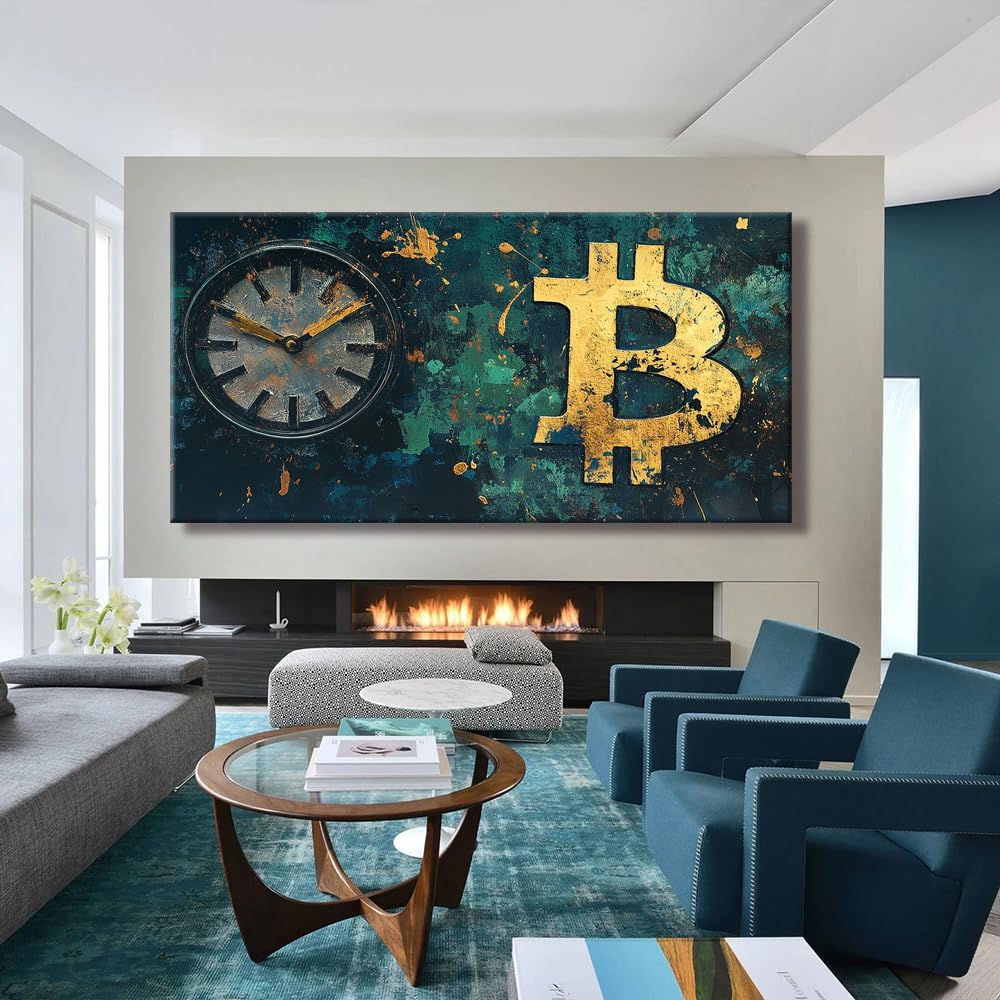 Gold Retro Bitcoin Clock Wall Art Modern Canvas Painting Prints Artwork Office Hallway Bedroom Living Room Decor