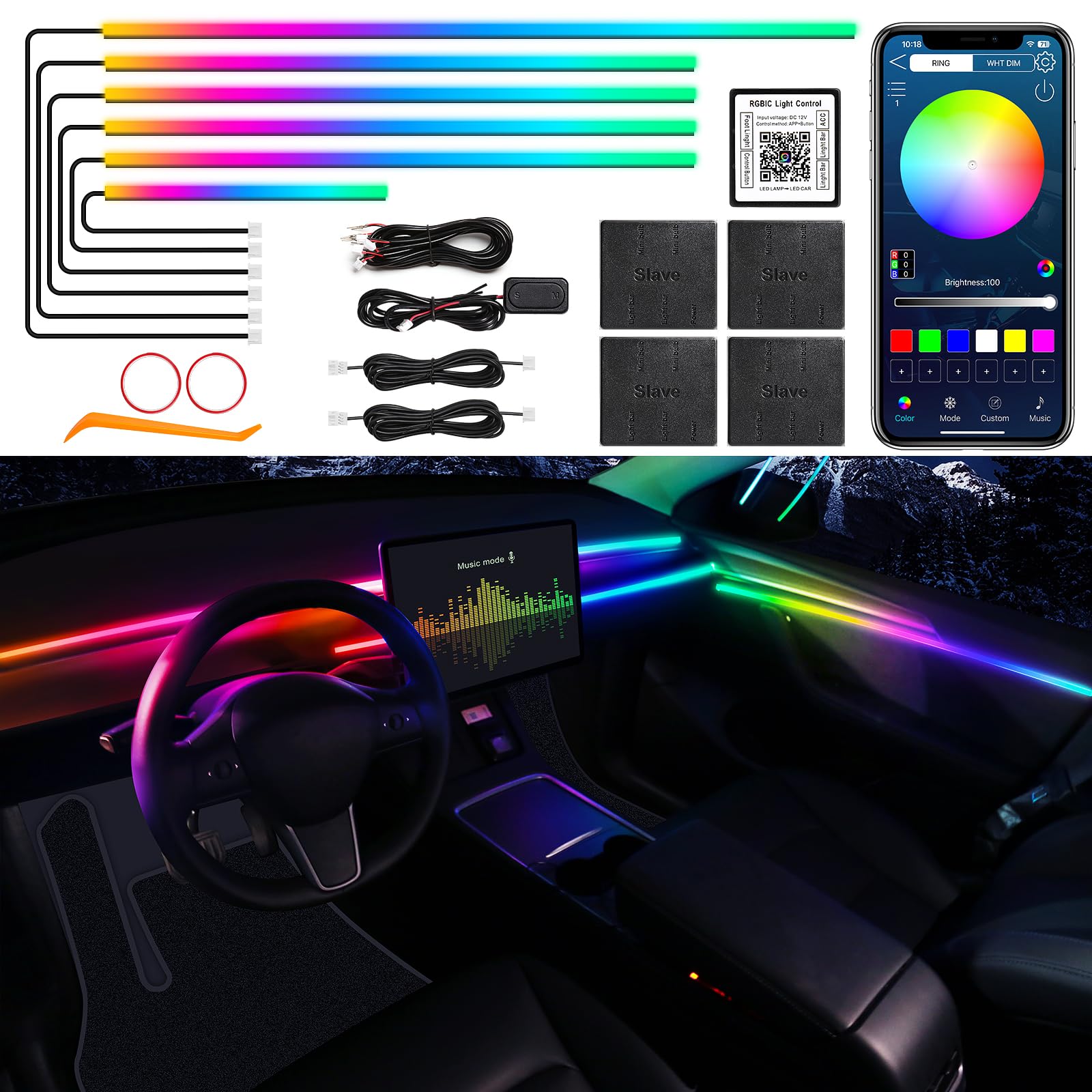 Dream+Color Acrylic Interior Car LED Strip Light with Wireless APP, RGB 6 in 1 with 175 inches 612 LEDs Fiber Optic Ambient Lighting Kits, Dynamic Chasing Music Sync Neon LED Strip Lights for Car