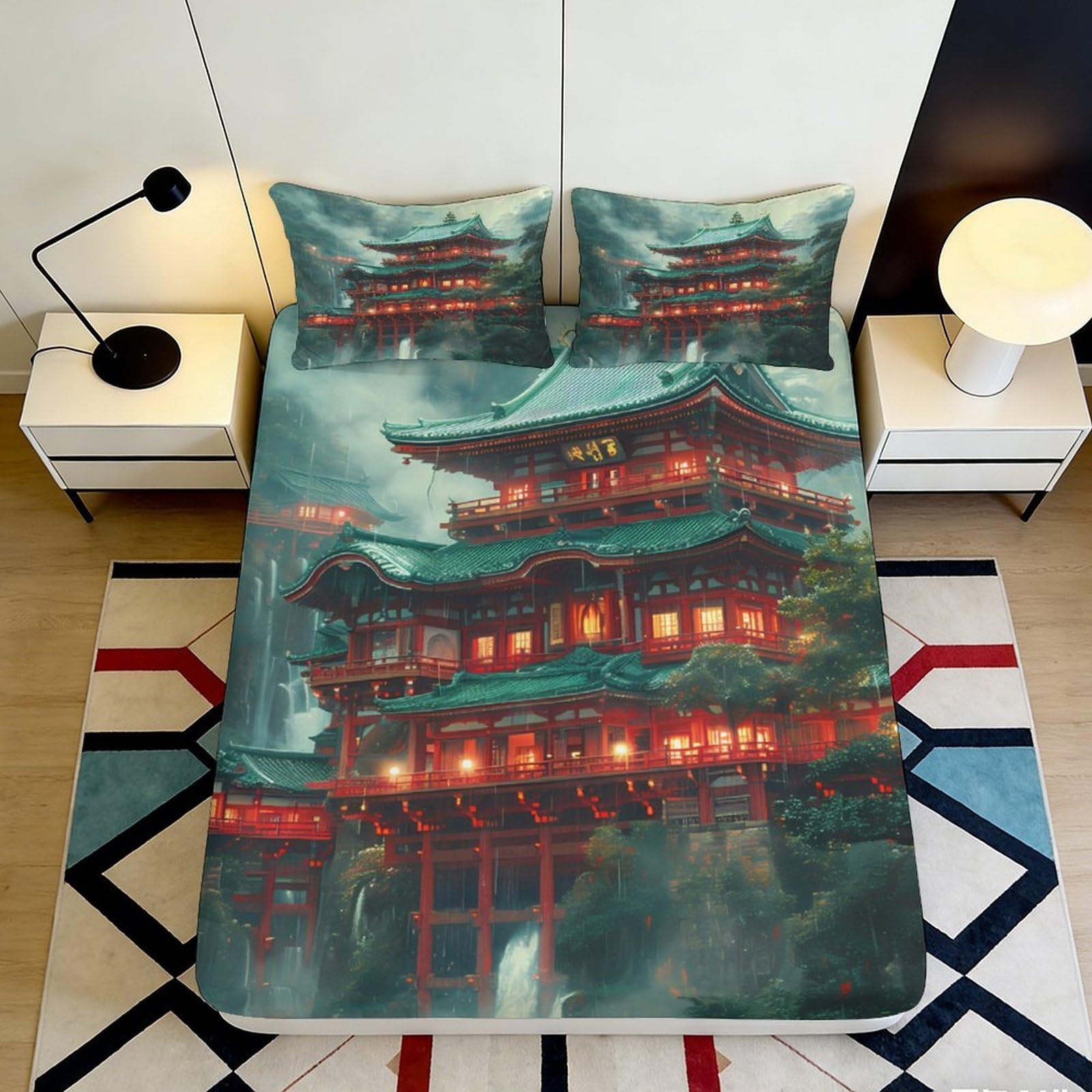 3D Printed Japanese Pagoda Fitted Sheet Microfiber Non-Slip Mattress Cover Oriental Temple Bed Decor for Bedroom Guest Room 90x200x25cm