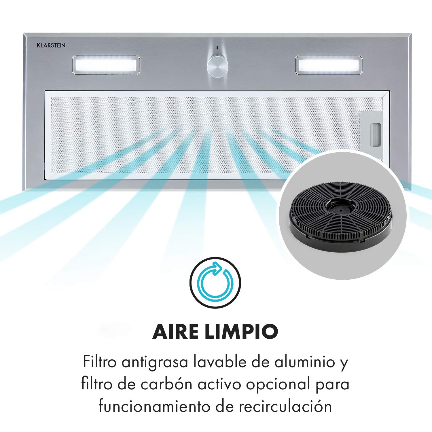 Klarstein Simplica 70 campana extractora - 70 cm de ancho, extracción de 400 m³/h, función de ventilación, botón giratorio, 3 niveles, iluminación LED de 1,5 W, acero inoxidable