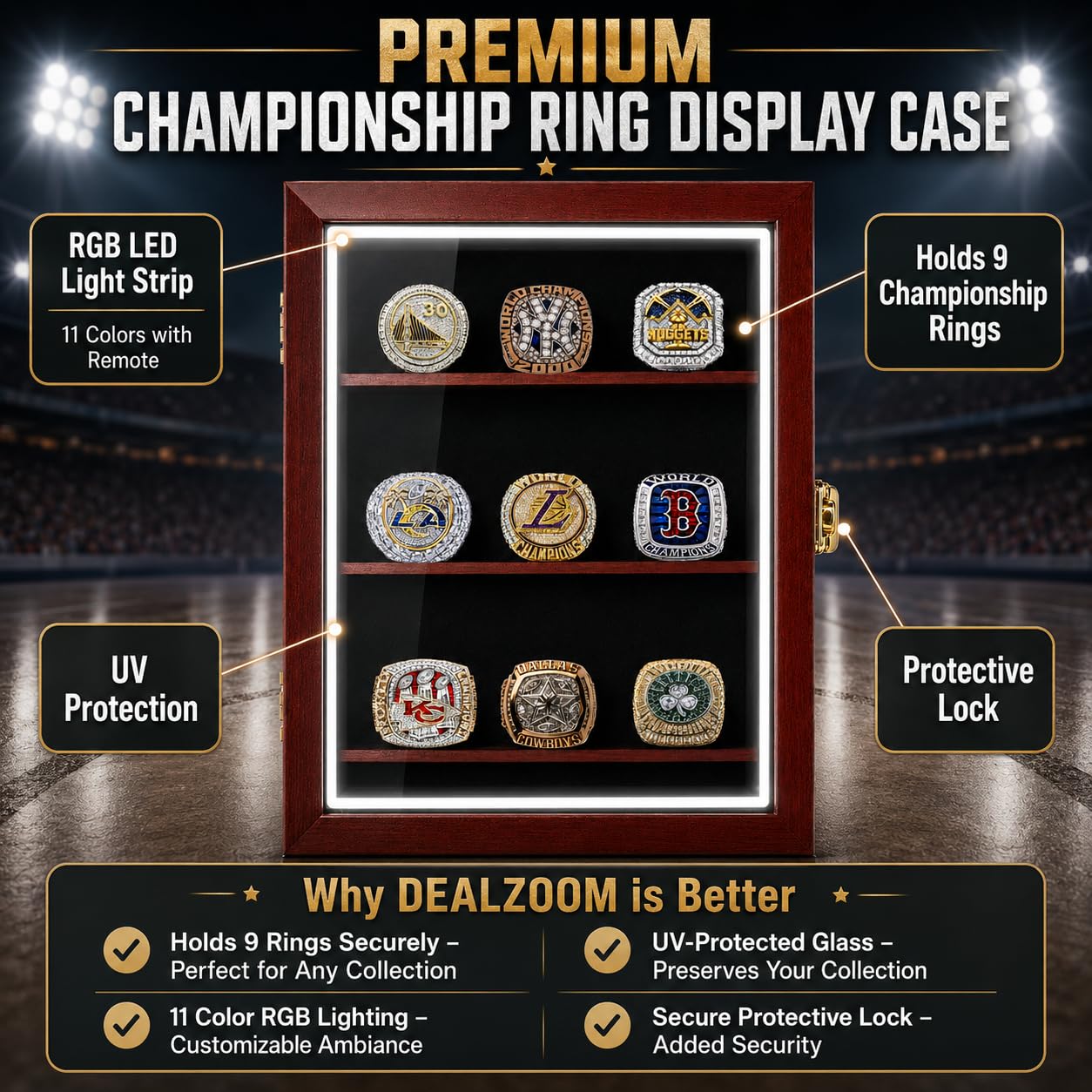 Vitrina de anillo de campeonato RGB LED – 9 anillos grandes de béisbol – Vitrina de exhibición de pared para almacenamiento de anillos, soporte de anillo de béisbol, sostiene anillos de