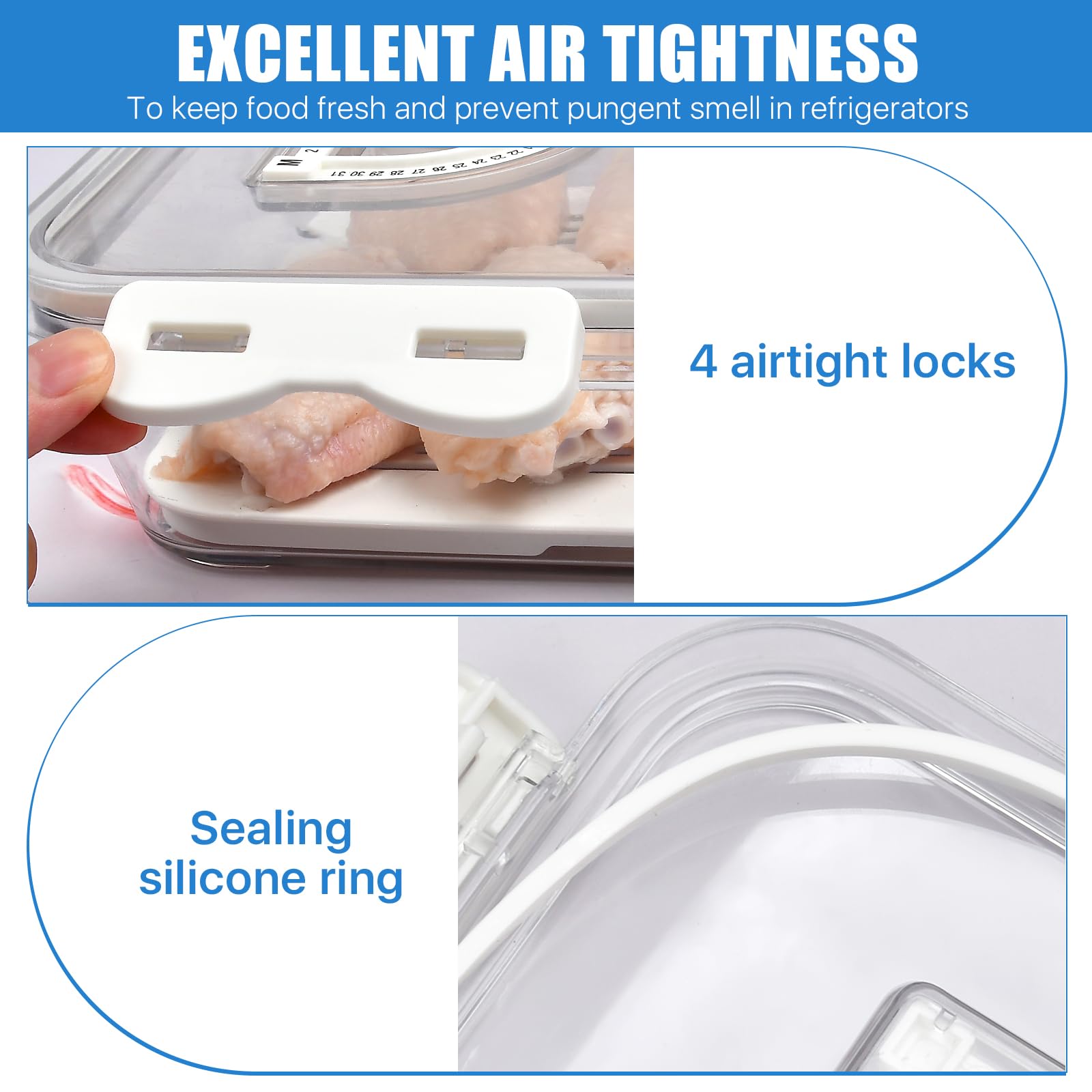 Recipiente de tocino para refrigerador, hermético de plástico grueso y con tapas para refrigerador, organizador de almacenamiento de alimentos para cortes fríos de cocina, soporte para tocino, 4