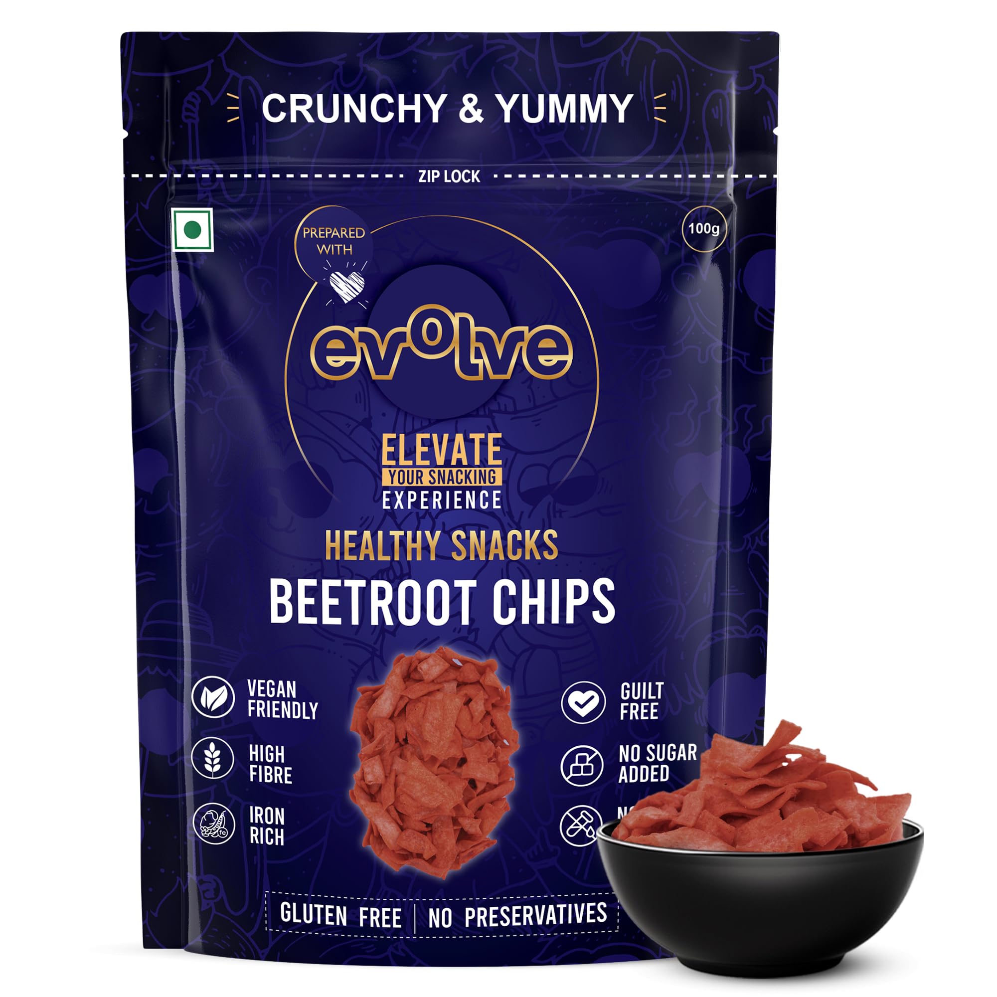 Evolve Beetroot Chips Healthy Snacks for Kids, Adults | Gluten Free, Low Calorie, Vegan, Rich in Iron, No Additives, Freshly Made, Ready to Eat, Masala Flavor - 100g