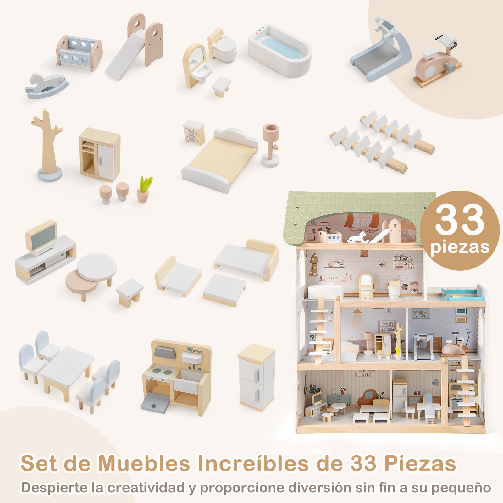 GOPLUS Casa de Muñecas de Madera para Niños, Casa Moderna de 4 Pisos con 33 Accesorios de Muebles, 6 Habitaciones, Balcón con Piscina, Juguete de Juego de Simulación para Niños de 3+ Años