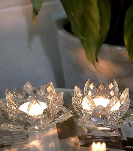 Miniatura 3 de Juego de 2 portavelas de cristal con diseño de flor de loto, portavelas de cristal transparente, portavelas votivas de pilar para centro de mesa,