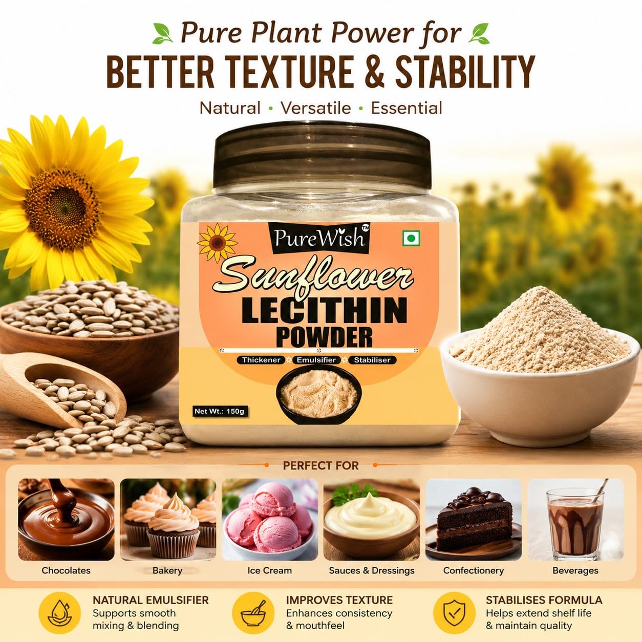 Purewish Sunflower Lecithin Powder, 150g (Thickener | Emulsifier | Stabiliser | Natural Food Additive | Add to Bakery, Chocolate & Confectionery Products)