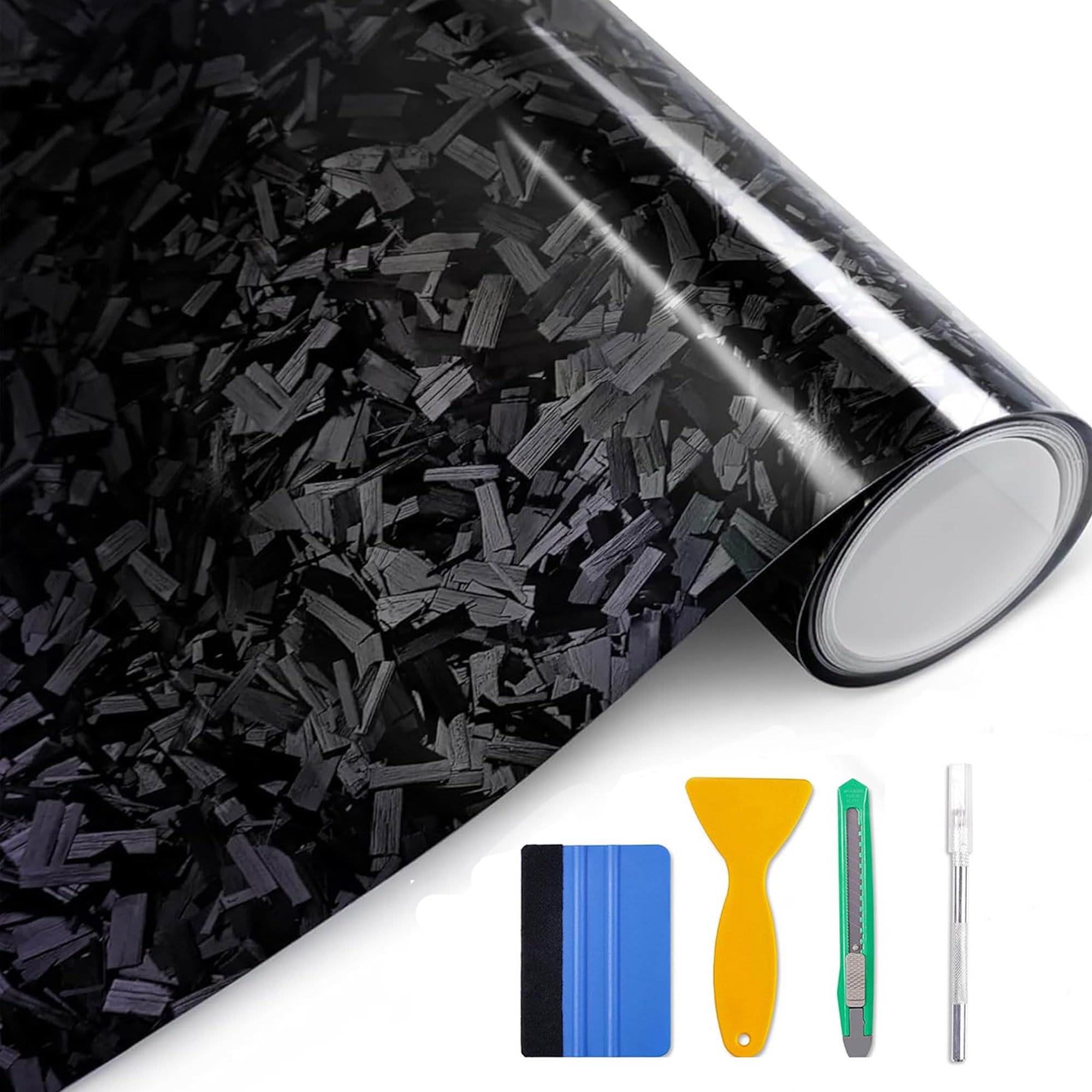 Arespark Black Forged Carbon Fiber Vinyl Wrap, High Gloss Car Wrap Vinyl Film with Bubble Free Air Release Technology DIY Auto Decoration Sticker 1ft x 5ft with Tools