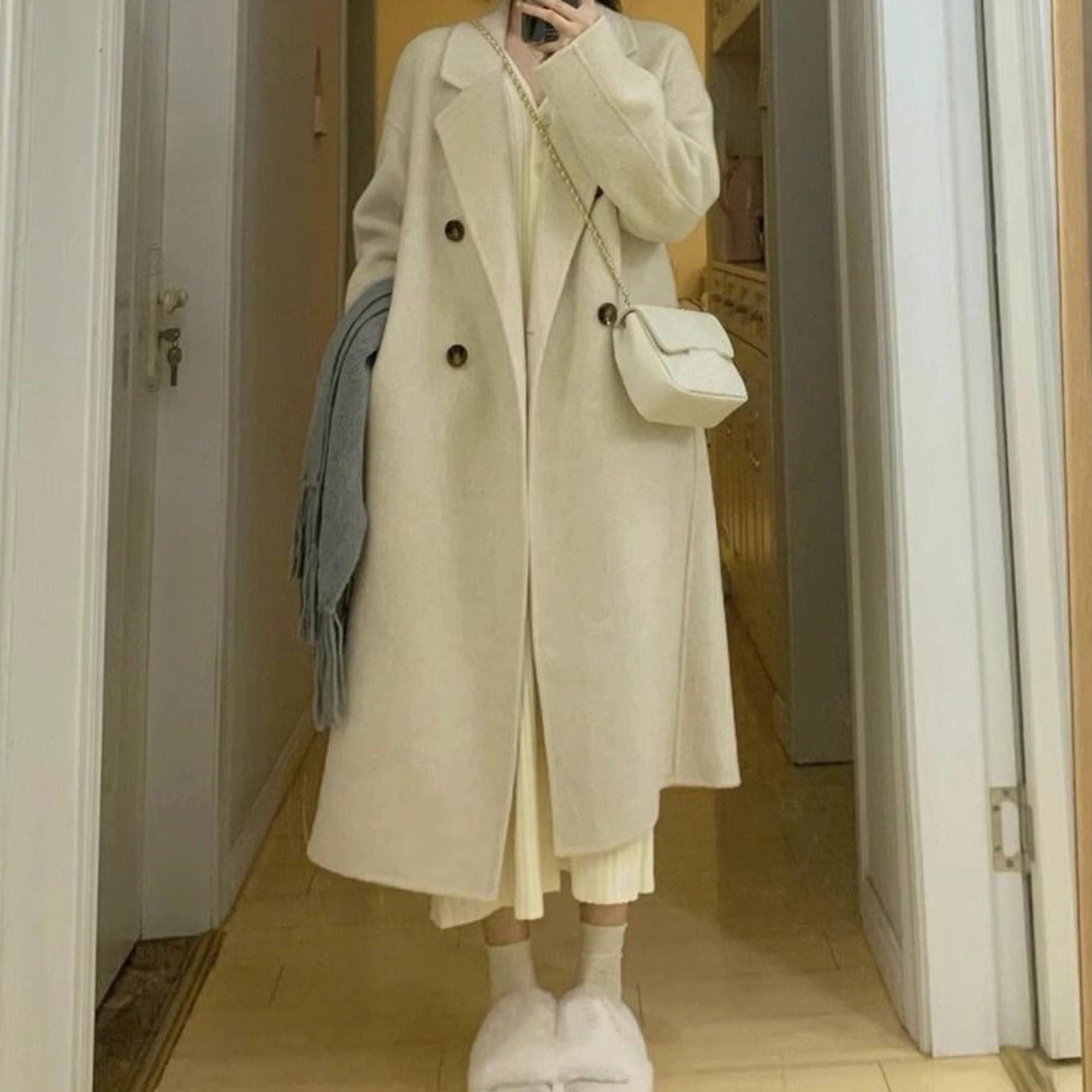 Cappotto invernale da donna in misto lana con doppio petto, lungo, a maniche lunghe e revers a lancia