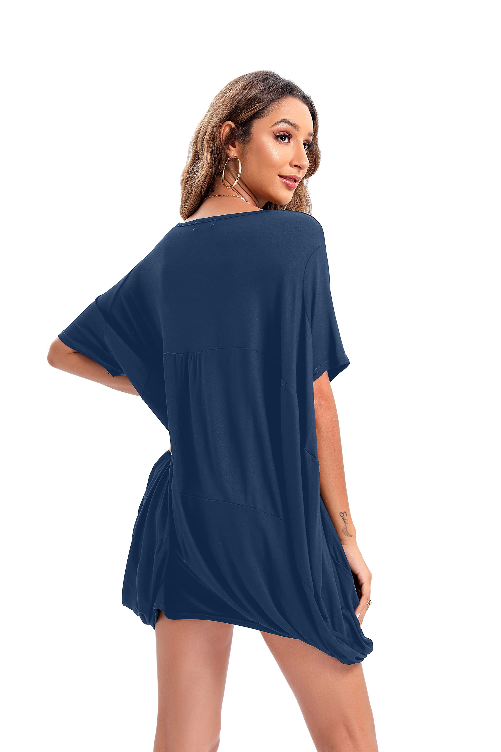 ellazhu GA200 T-shirt surdimensionné à manches courtes et col rond pour femme, bleu, S/XL