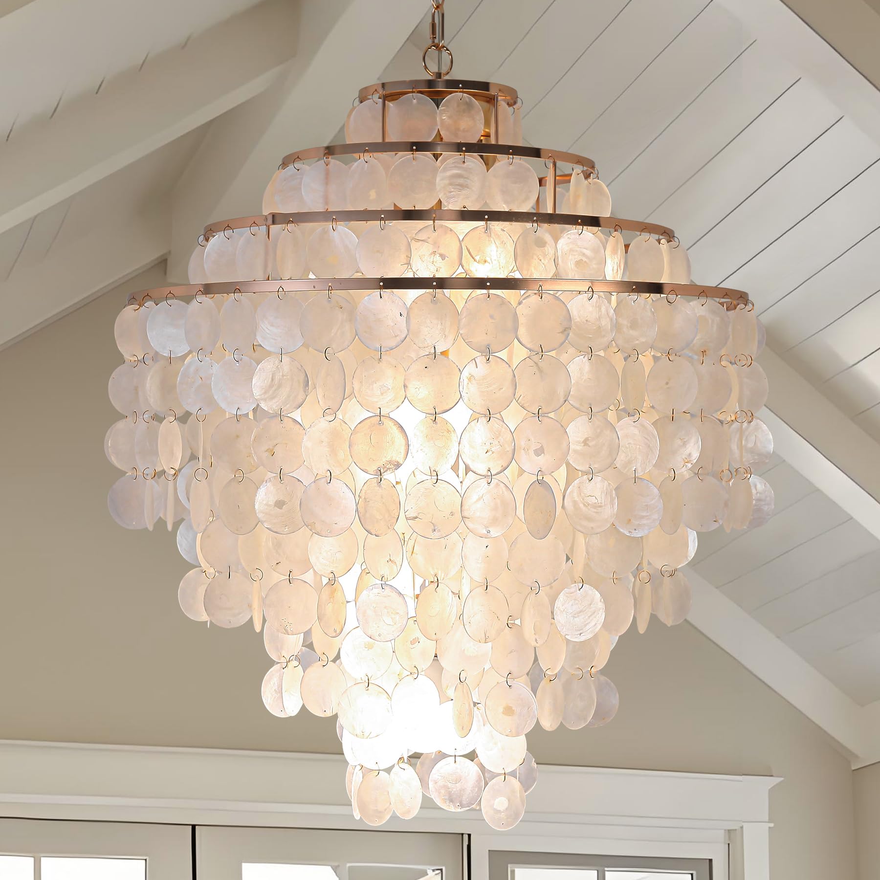 Coastal Capiz Shell Chandelier 24 inch Gold Natural Seashell