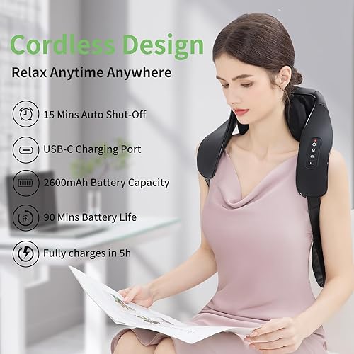 Miniatura 2 de Shiatsu Masajeador de cuello y espalda con calor, mejorado 2600 mAh, masajeador de hombro inalámbrico de tejido profundo 6D, almohada de masaje para