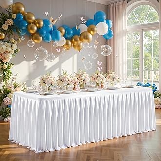 6FT White Satin Tablecloths for Rectangle Tables - Shiny Spandex Party Table Cover with Pleated Table Skirt, No-Wrinkle & Glossy Wedding Tablecloth One-Piece for Birthday Baby Shower Banquet Ceremony