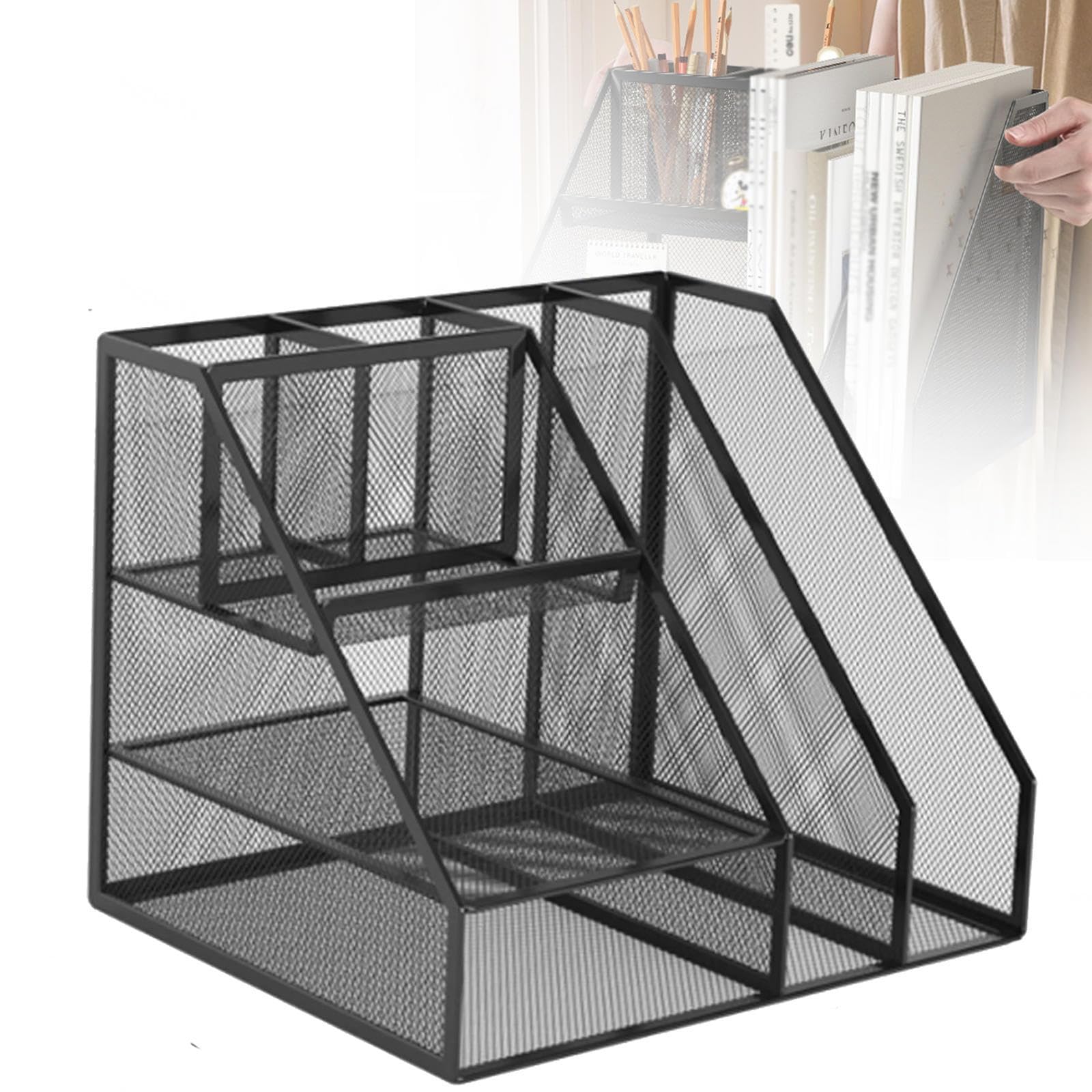 Metall Schreibtisch Organizer mit 2 Aktenfächern und Stiftehaltern | Multifunktional (Stifthalter + Aufbewahrungskorb + Dokumentenhalter)
