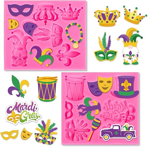 Whaline 2 moldes de fondant de Mardi Gras para mascarada máscara de plumas de corona de flor de lis con patrón de molde de silicona 3D molde de