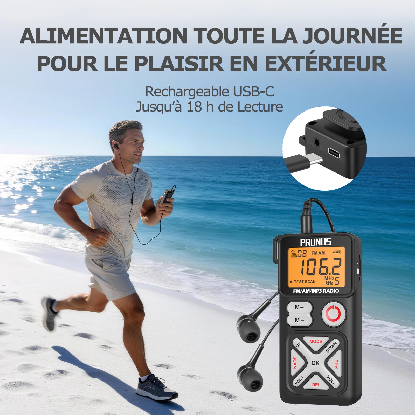 PRUNUS J-988 Mini Radio FM AM, Radio Portable Rechargeable avec 600 mAh, TF/MP3/WAV, Prise Casque, Radios de Poche pour la Course, Le Sport, la Randonnée et Le Camping.