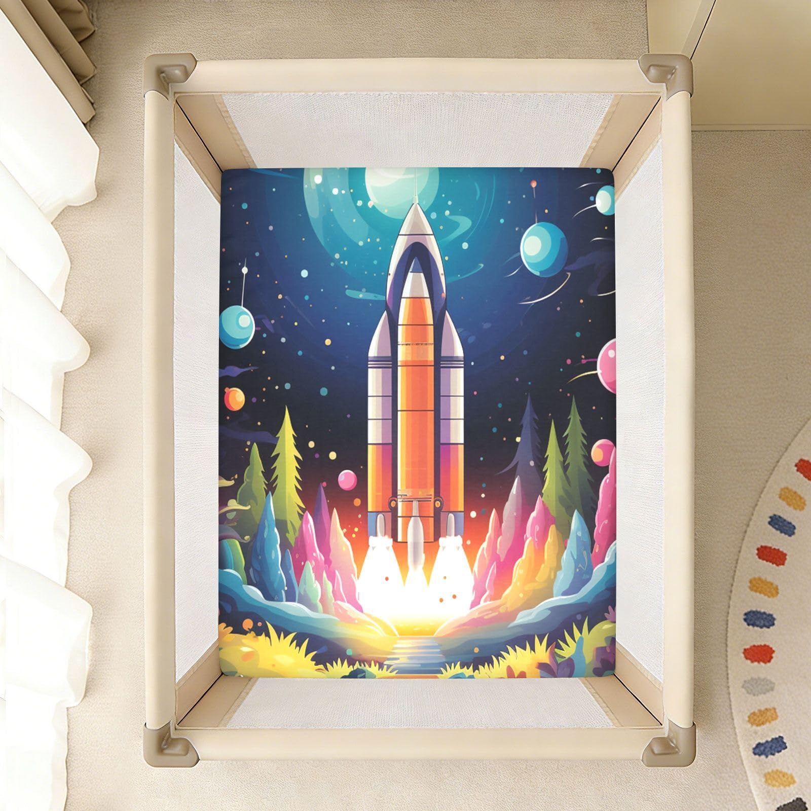 Colorido Cohete Espacial Estrellas Sábana de Cuna para Niños Pequeños,Sábanas de Algodón Suave para Bebés Aptas para Colchón Corralito