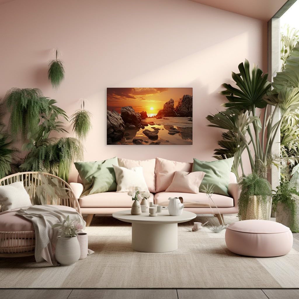 Canvas for Living room. Golden Sunset Serenity � Capturing the Tranquil Harmony of a Beach at Twilight, 27 x 18 inch Canvas Wall Art - Contemporary Masterpieces - Modern Home Decor