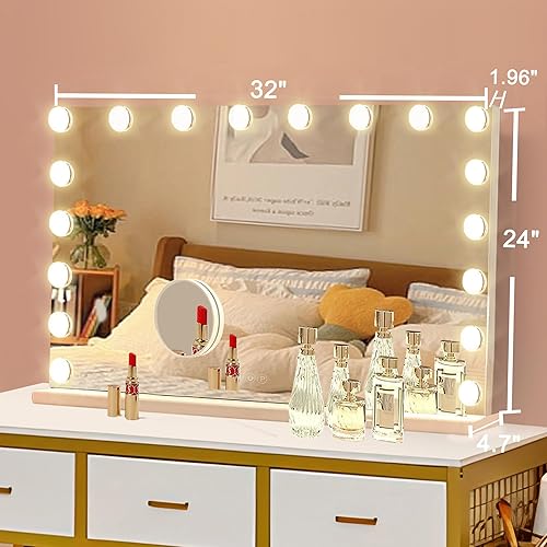 Miniatura 5 de Espejo de tocador Hollywood con luces, 15 bombillas reemplazables, 3 luces de color, espejo iluminado de maquillaje, marco de metal de aluminio,