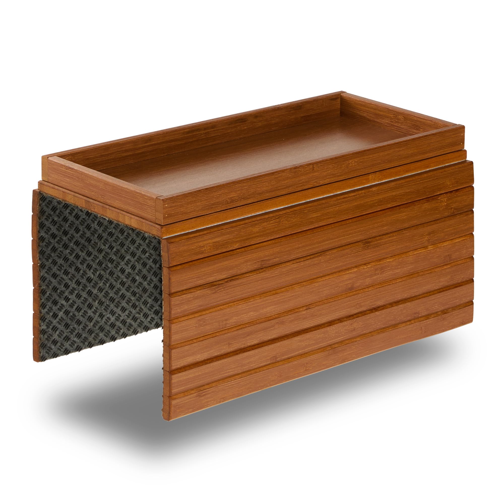 DETOR Couch Arm Tray with Spacious 12.4" x 5.4" Storage Box, Acacia Stained Bamboo Finish, Enhanced Non-Slip Felt Bottom, Sturdy Bamboo Slats, Fits Armrests 6" and Wider