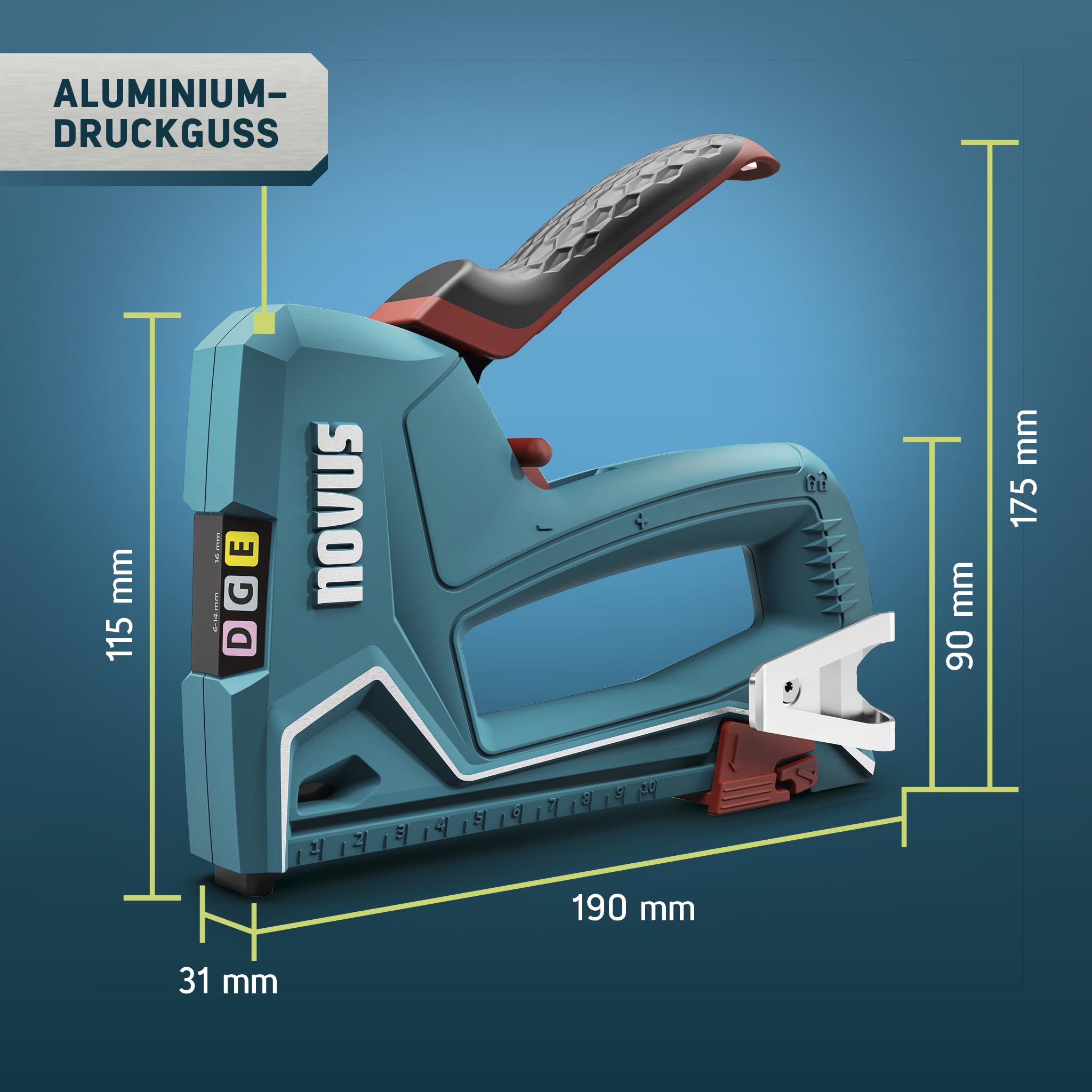 NOVUS TOOLS Zszywacz ręczny J-51 zestaw z 1200 zszywkami │ wytrzymały, lekki aluminiowy zszywacz do drewna do mocowania folii i listew ozdobnych │ do gwoździ 16 mm i zszywek płaskich 6-14 mm