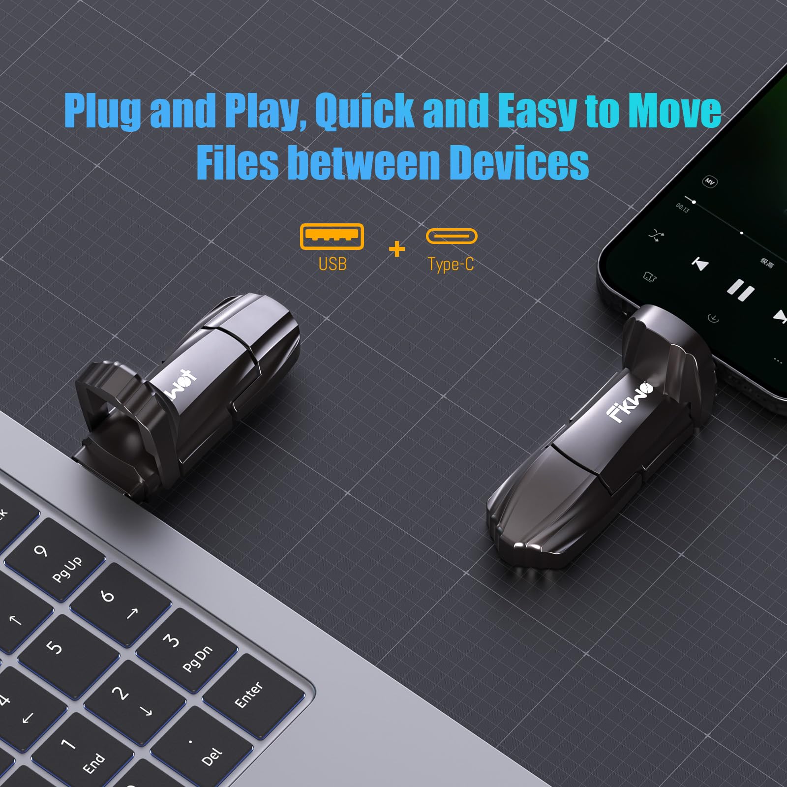 Fikwot FU386 Clé USB SSD 512 Go USB 3.2 Gen2 550 Mo/s Type C + USB A PSSD pour iPhone 15/16 Android Windows Mac PC