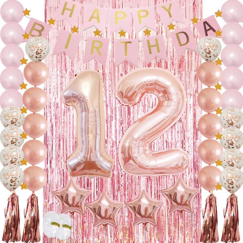 12th Birthday Decorations for Girls，Rose Gold 12 Birthday Party Decoration for Her，Rosegold Balloons Decoration for Girls Women 12th Birthday Party Supplies