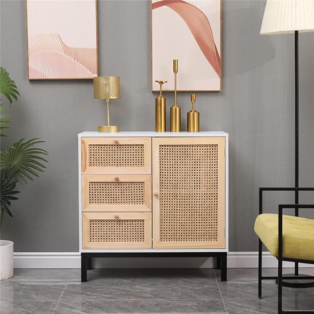 Homeke 1 Door 3 Drawer Ratten Sideboard Cabinet Metal Legs Storage Shelf for Living Room, Kitchen,Hallway,Bathroom