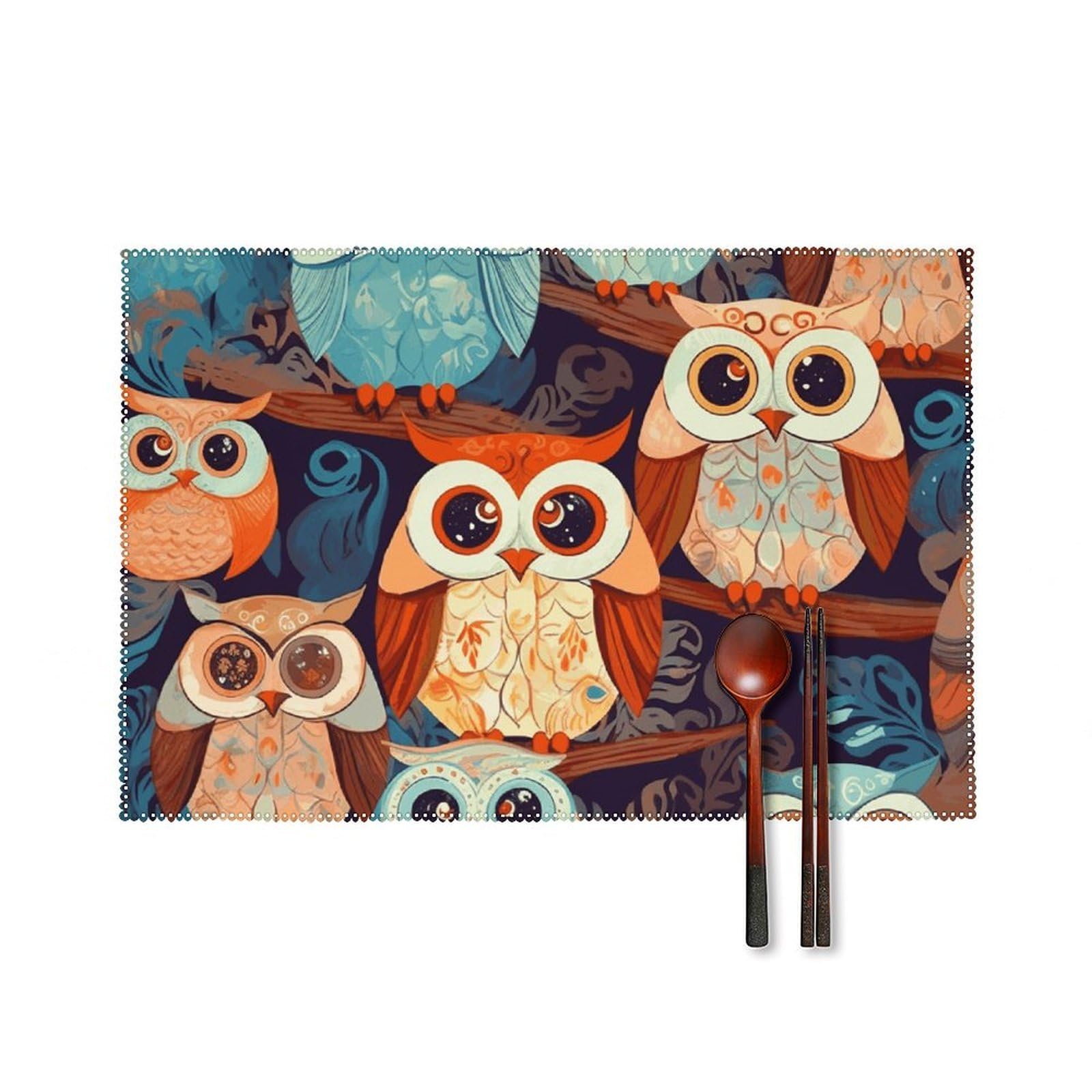 Anime Owl Placemats Set of 6 Wipeable Table Mats for Kitchen Dining Table Heat Resistant Waterproof Modern Indoor/Outdoor Non-Slip Easy Clean Place Mats