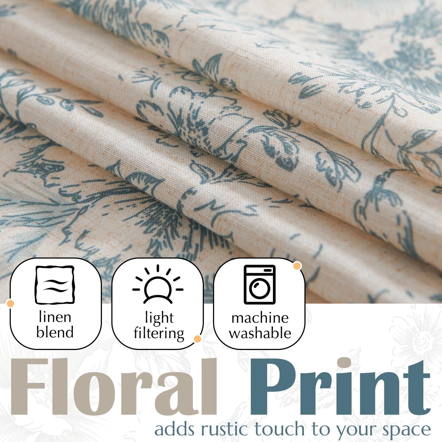 TOPICK Floral Kitchen Curtains Short Cafe Curtains Blackout Double Layer Curtain Valance for Sink Living Room Cabinet Small Window Rod pocket 1 Panel Blue on Beige 18 Inch Drop - Image 4