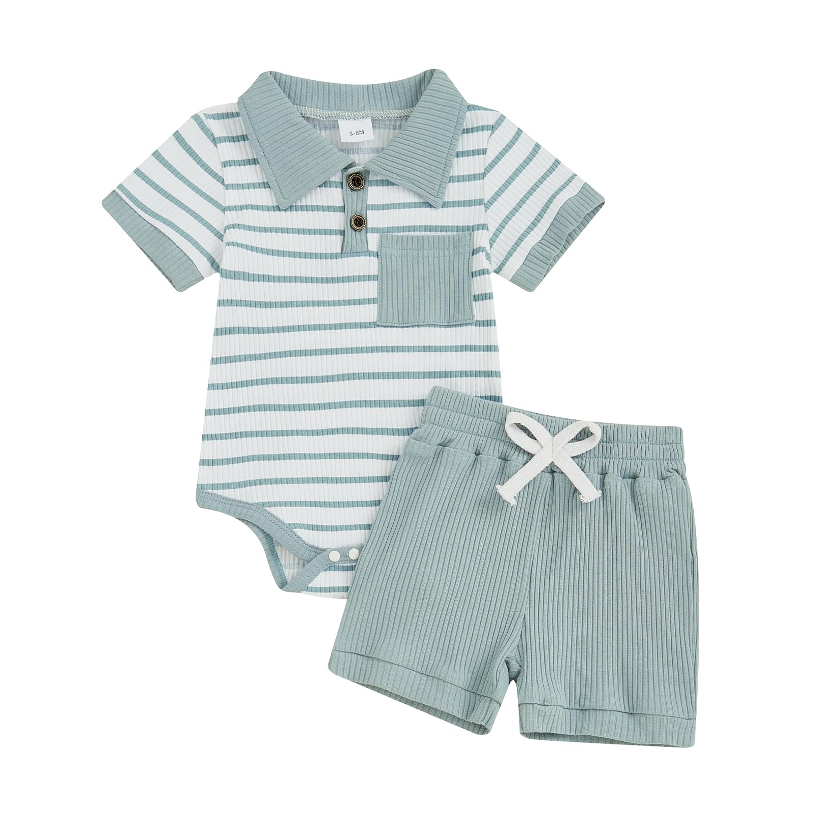 0-18M Baby Boy Summer Clothes Shorts Set Stripes Ribbed Bodysuit Polo Onesie Romper Tops Shorts Summer Outfit Set (Blue, 3-6 Months)