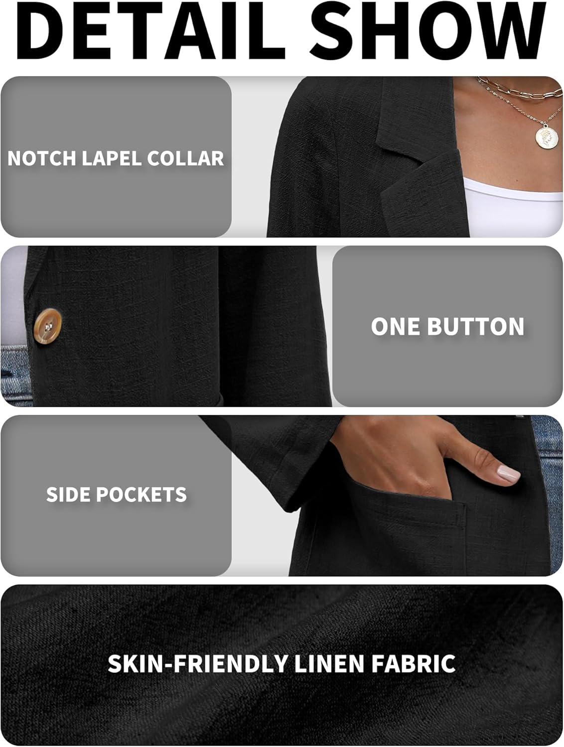 ELLEVEN Womens Linen Blazer Casual Long Sleeve Lightweight One Button Jackets Spring Summer Suit - Image 5