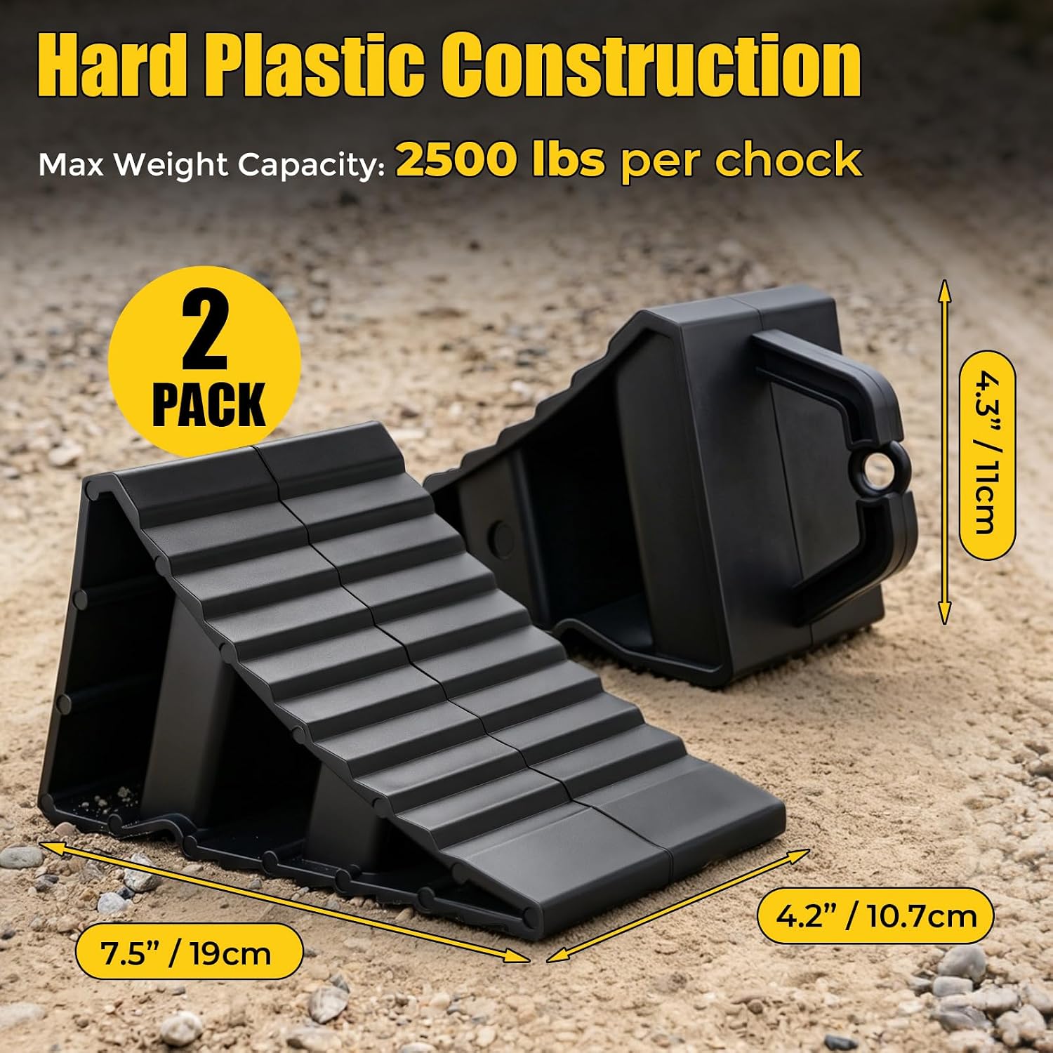 Wheel Chocks for Trailer & Camper, 2PCS Wheel Blocks with Easy Grip Handle | Plastic Wheel Stopper with Anti-Slip Surface for Travel Trailer, Utility Trailer and Boat Trailer, Easy Placement & Removal