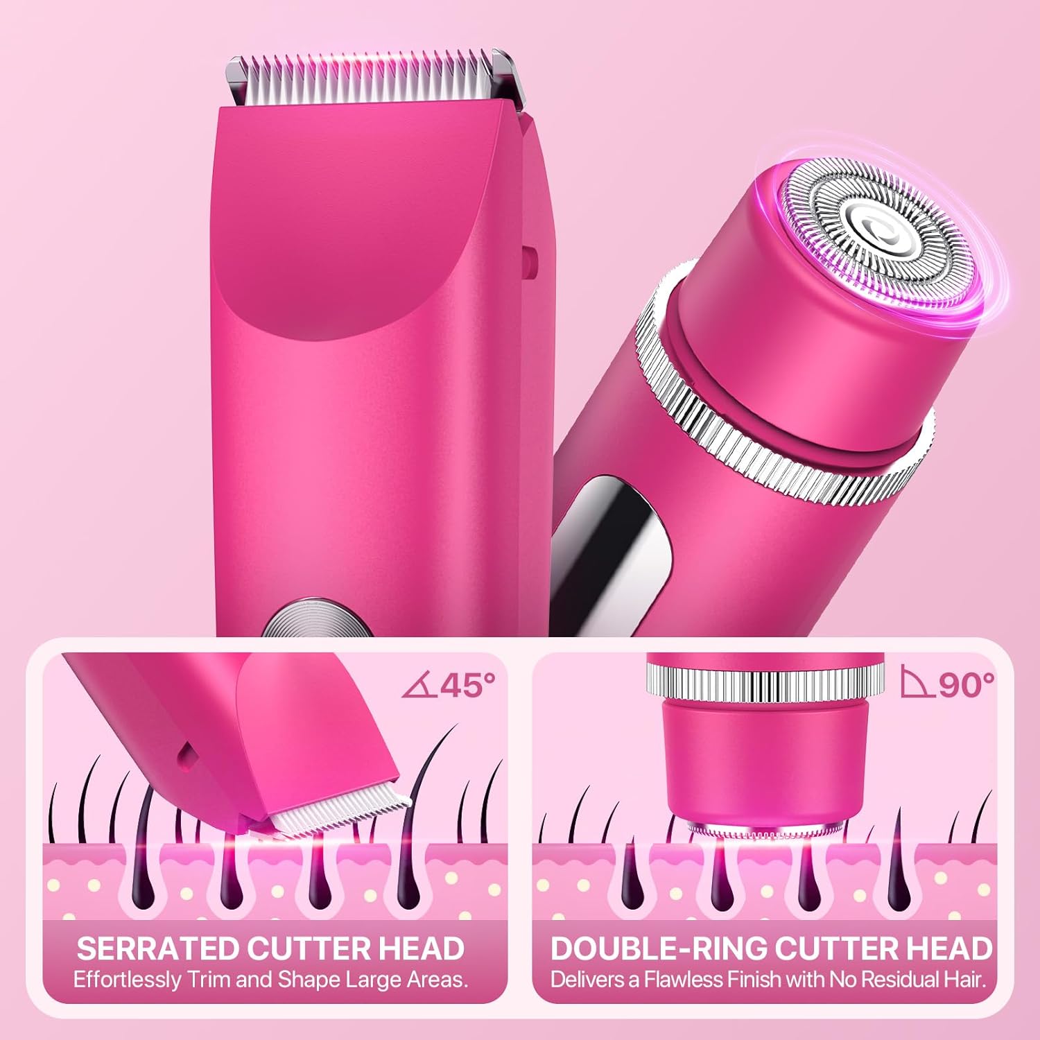 Bikini Trimmer for Women, Painless Electric Razor Remover for Leg, Body, Armpit & Facial Hair, Rechargeable Cordless IPX7 Waterproof Shaver with Ceramic Blade, Easy Cleaning, USB Charging, Pink - Image 3