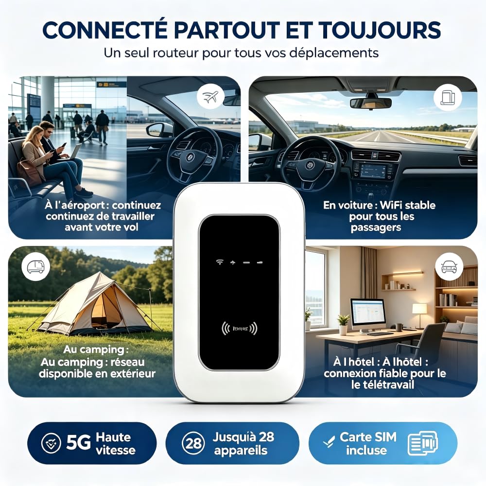 Routeur WiFi Portable 4G/5G Débloqué, Compatible avec la Plupart des opérateurs européens, Prend en Charge jusqu'à 28 appareils, WiFi jusqu'à 300 Mbps pour Voyage, Camping et Voiture