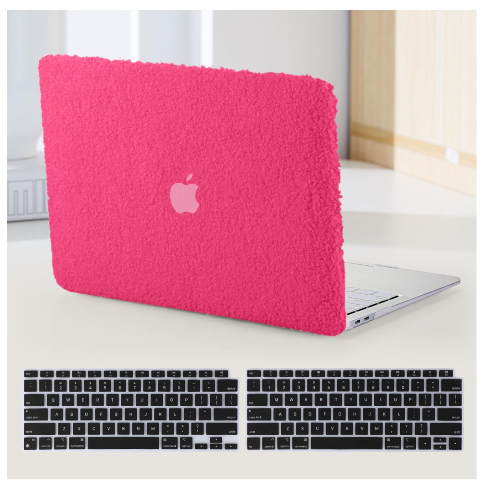 BYCeKeBYCeKe Compatible with MacBook Pro 13 inch Case M2 2024 2023 2022-2016 A2338 M1 A2251 A2289 A2159 A1989 A1708 A1706 Touch Bar, Soft Fluffy Fuzzy Plush Faux Fur Hard Shell Case & Keyboard Cover, H Pink