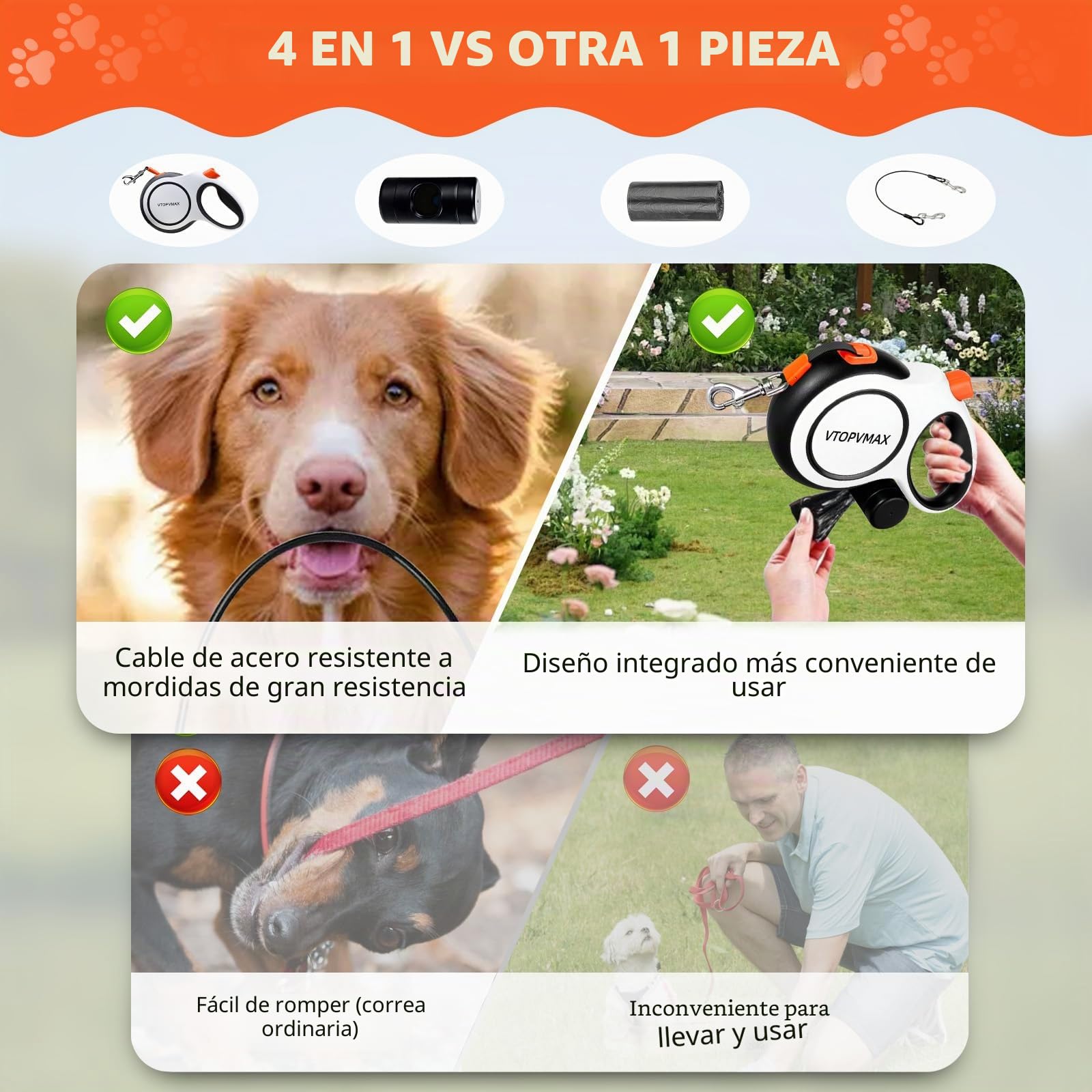 Correa Perro Extensible 8m - Correa Resistente para Perros Medianos/Grandes hasta 50kg, con Cable Anti-Mordidas, Dispensador De Bolsas para Heces Y Freno De Una Mano (Negro/Blanco)