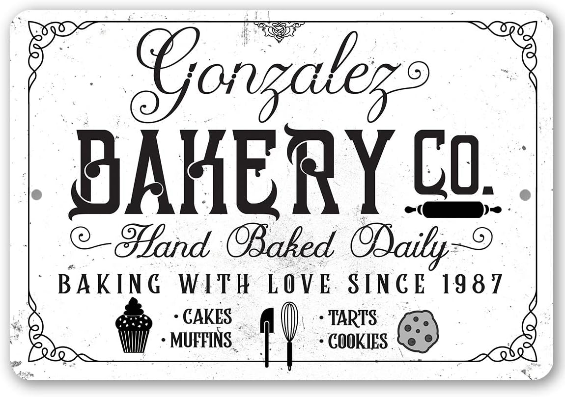 Personalized Bakery - Classic Bake Shop Decor, Business Wall Art Sign, Custom Family Name and Year Established, Gift for Bakers Pastry Chef, 8x12 or 12x8 Use Indoor or Outdoor Durable Metal Tin Sign
