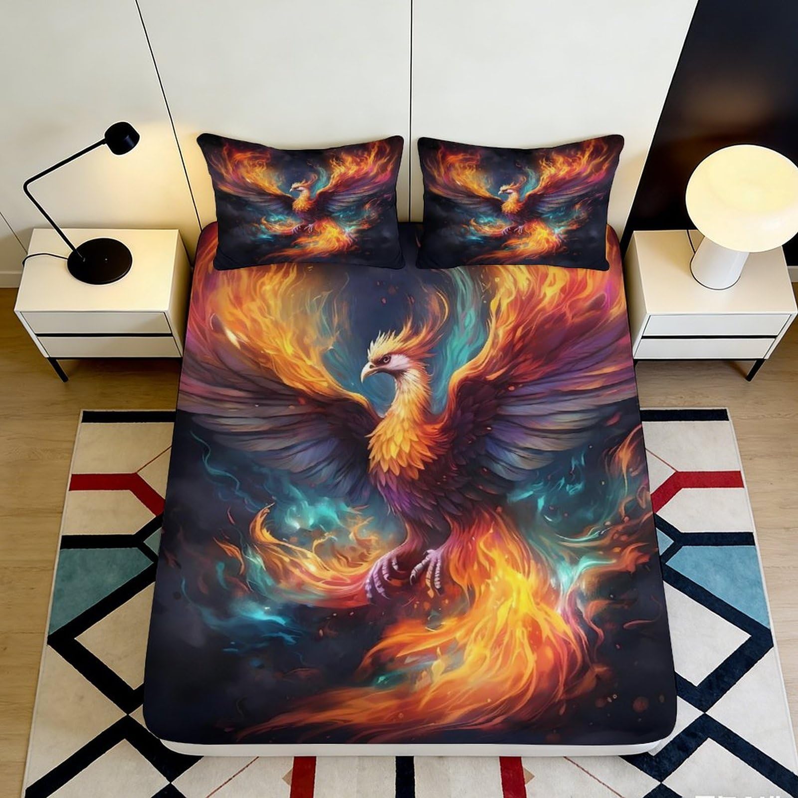 Jqzkxnhpbr Style-1 3D Printed Fire Phoenix Fitted Sheet Microfiber Soft Breathable Flame Bird Bed Cover For Bedroom Dorm Mattress Protection Decor 90X200x25cm