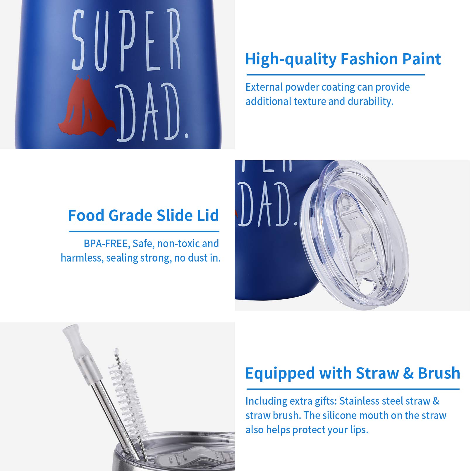wedrink Tasse à vin en acier inoxydable avec couvercle et paille pour papa, cadeau de Noël, cadeau d'anniversaire, tasse de fête des pères