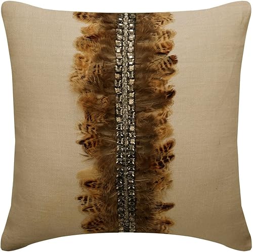 The HomeCentric Funda de almohada decorativa beige de 20 x 20 pulgadas (19.7 x 19.7 in), almohadas para sofá, fundas de cojín de plumas de lino y